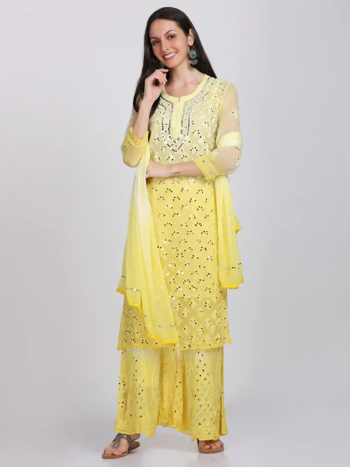 Ayna Georgette Chikankari 3 Piece Mirror Dyed Set with Coordinating Inner - Store Chikankari