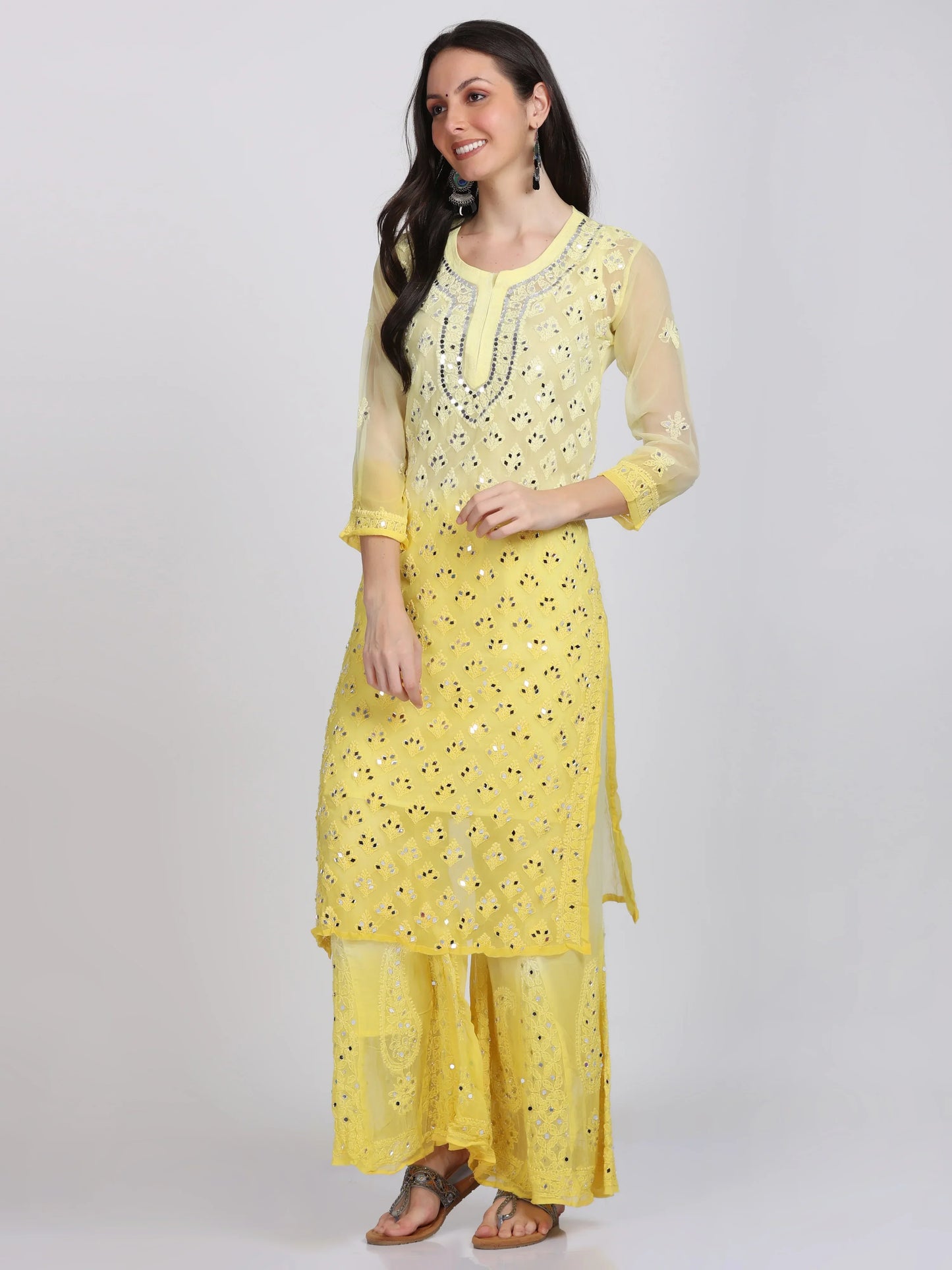 Ayna Georgette Chikankari 3 Piece Mirror Dyed Set with Coordinating Inner - Store Chikankari