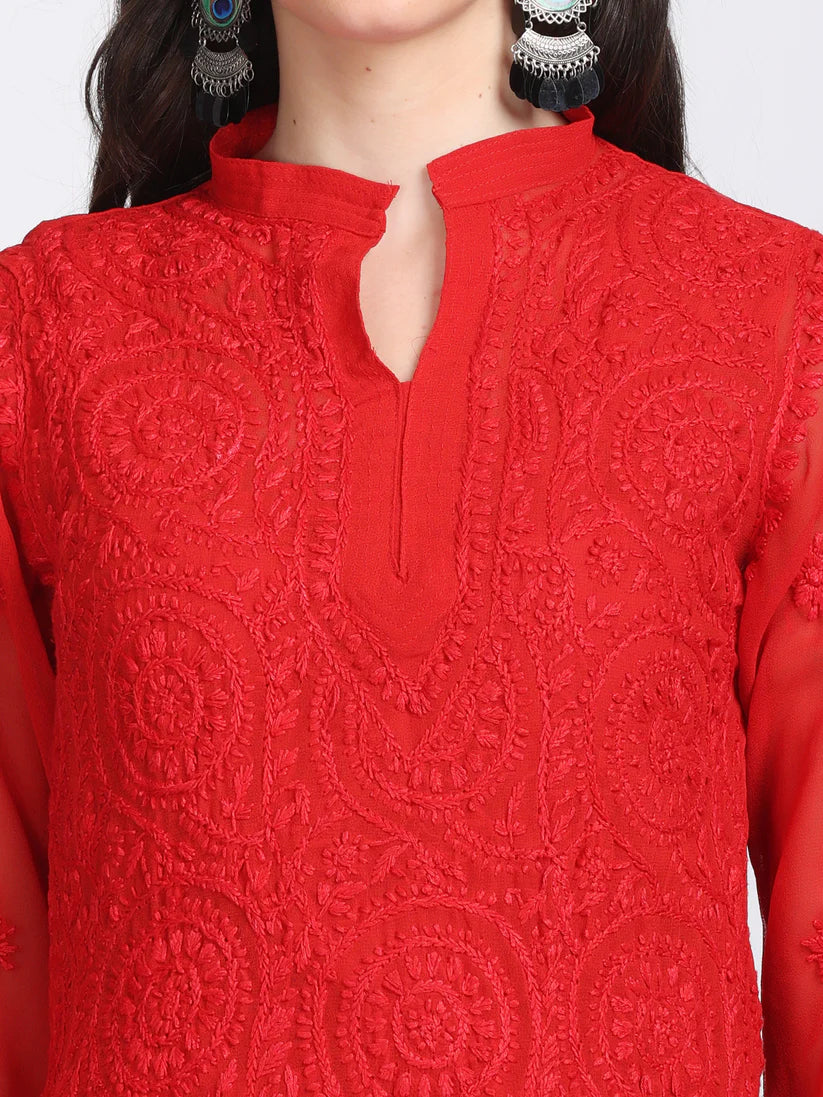Ring Jaal Chikankari Straight Kurta wit Maching Stole & Inner