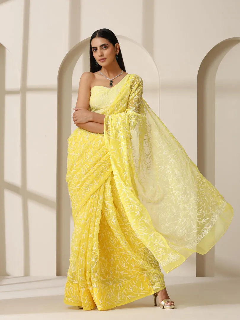 Georgette Chikankari Hand Embroidered Tepchi Saree