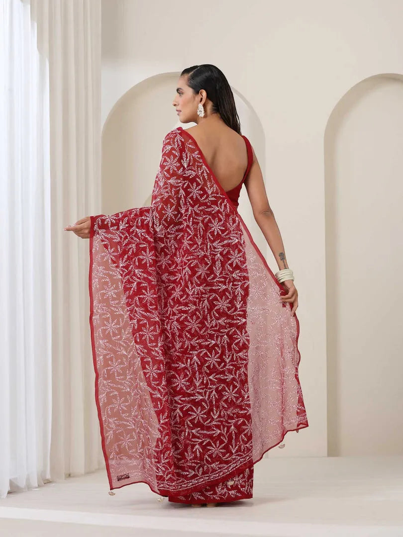 Georgette Chikankari Hand Embroidered Tepchi Saree