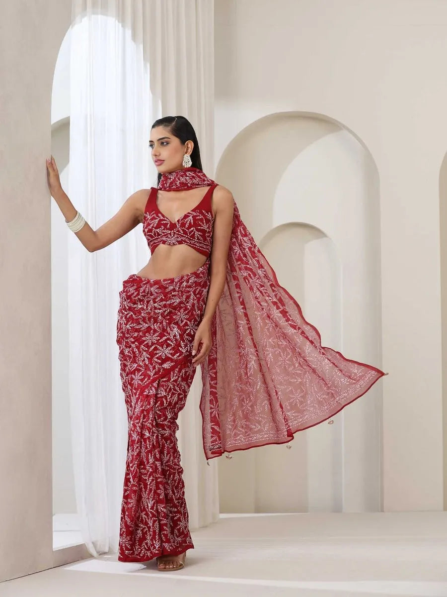 Georgette Chikankari Hand Embroidered Tepchi Saree