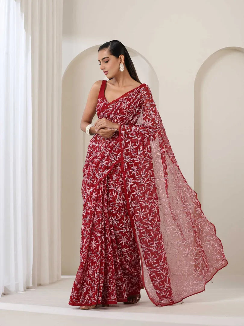 Georgette Chikankari Hand Embroidered Tepchi Saree
