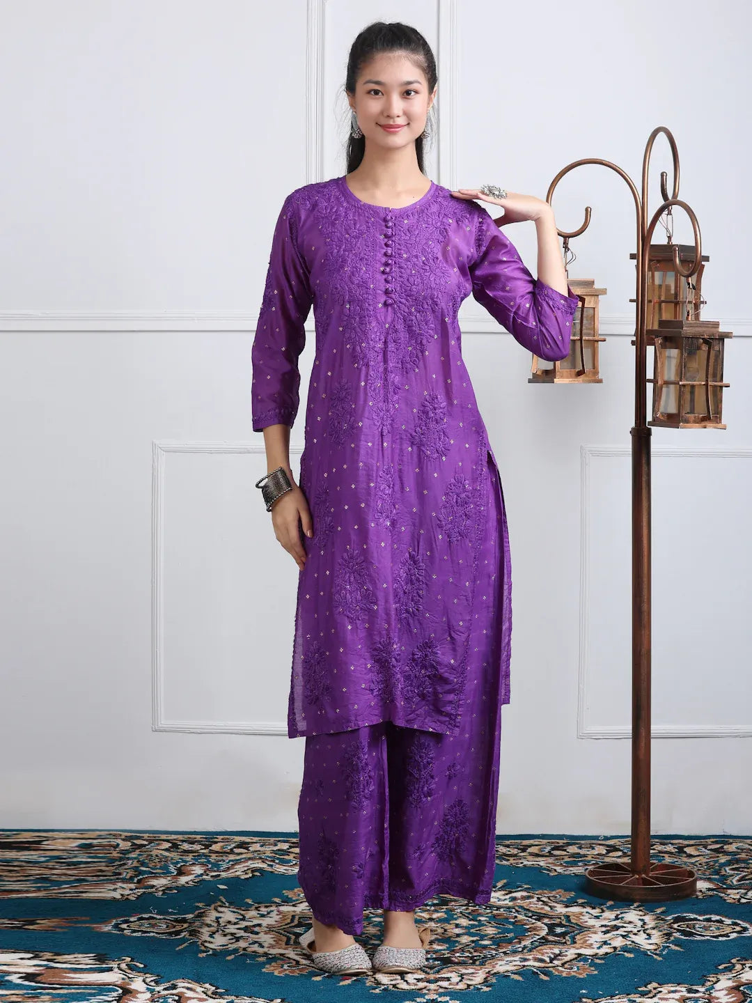 Chanderi Sild Handwork Chikankari Kurta & Plazzo Set