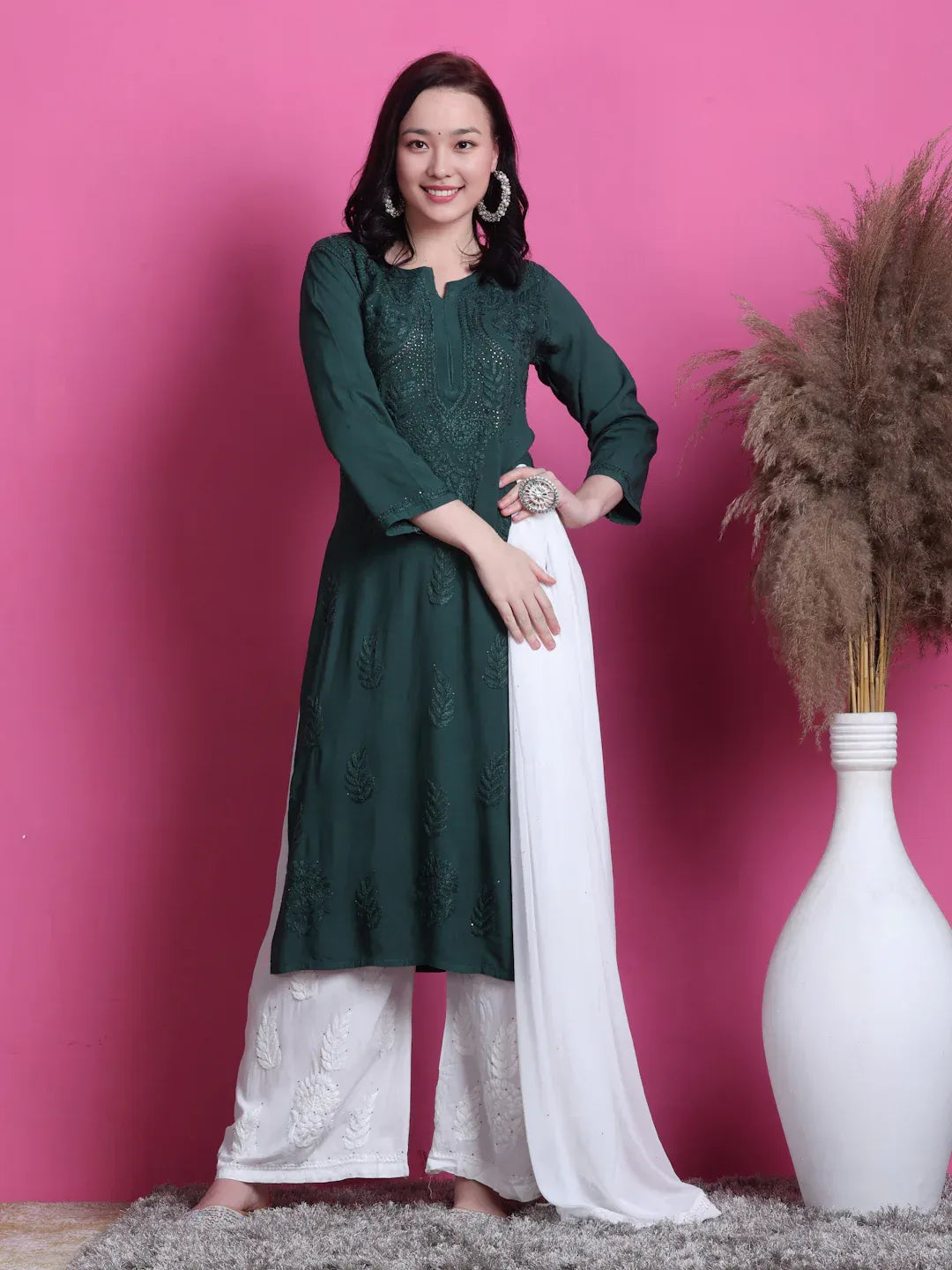 3D Chikankari work Ryon Mukaish Kurti - Store Chikankari