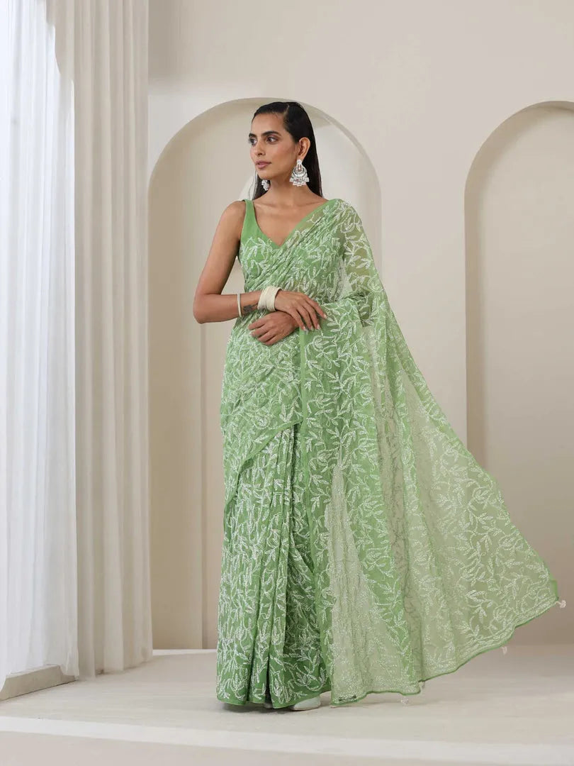 Georgette Chikankari Hand Embroidered Tepchi Saree