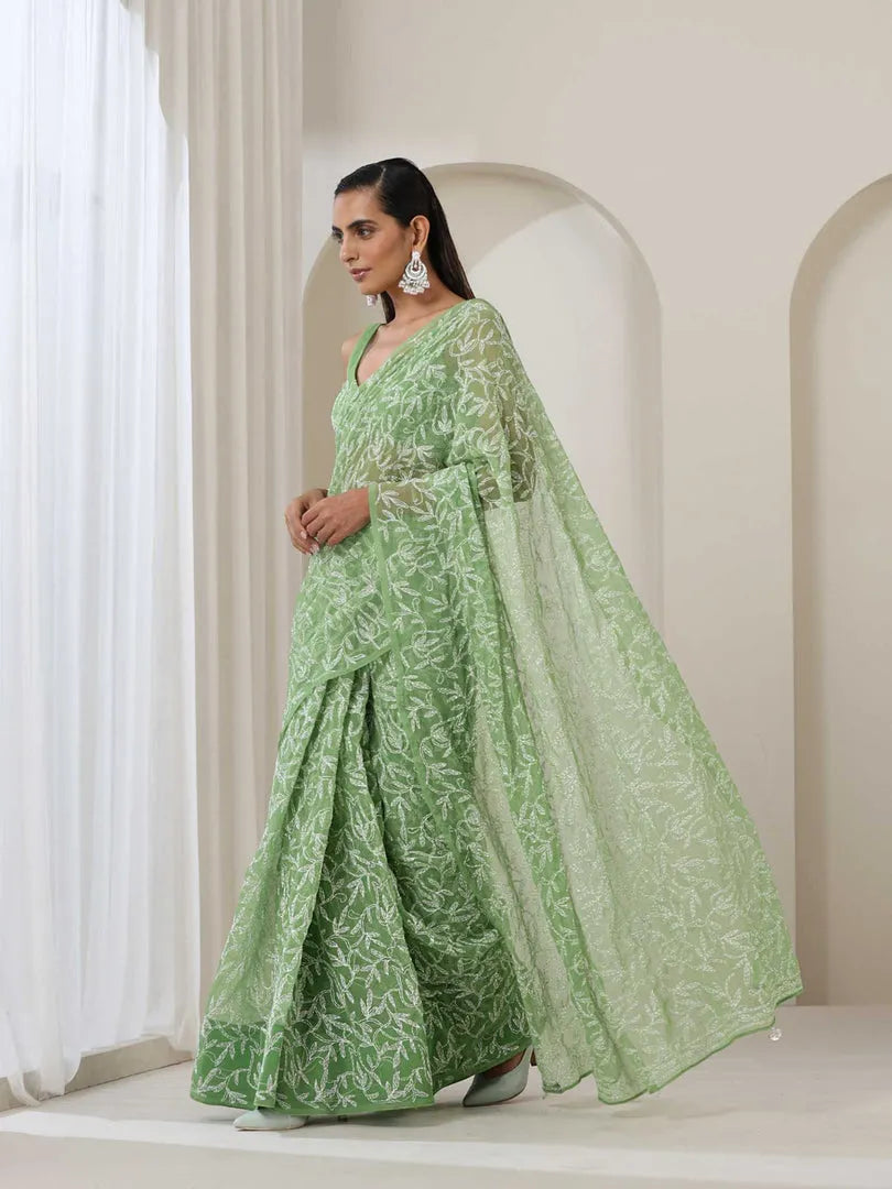 Georgette Chikankari Hand Embroidered Tepchi Saree