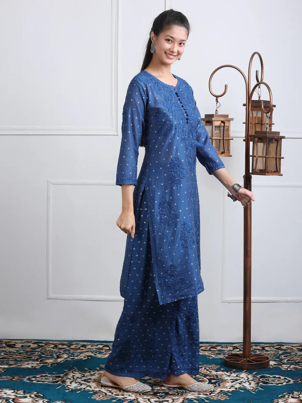 Chanderi Sild Handwork Chikankari Kurta & Plazzo Set