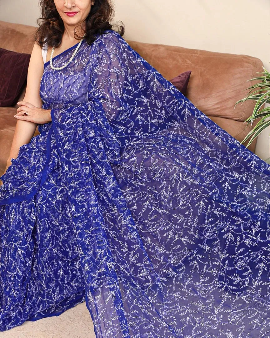 Georgette Chikankari Hand Embroidered Tepchi Saree
