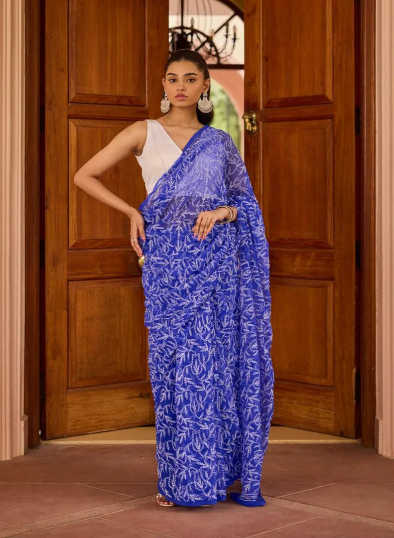Georgette Chikankari Hand Embroidered Tepchi Saree