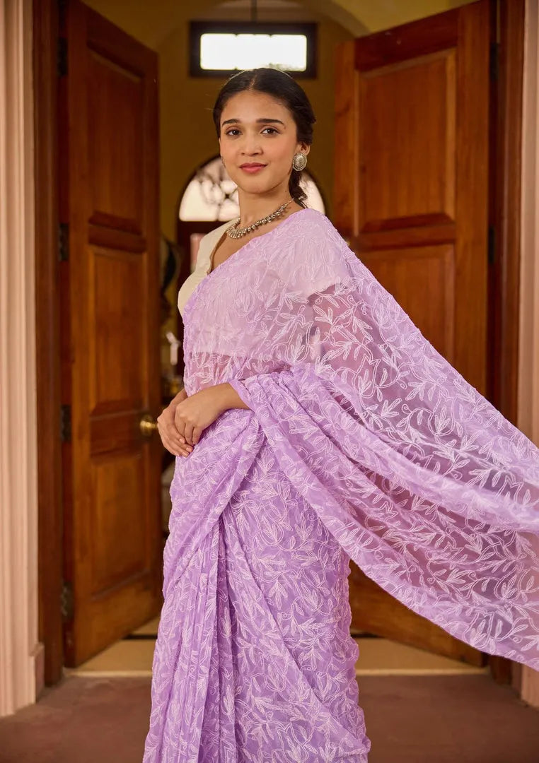 Georgette Chikankari Hand Embroidered Tepchi Saree