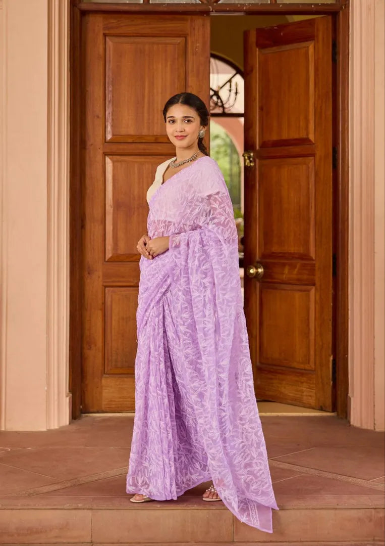 Georgette Chikankari Hand Embroidered Tepchi Saree