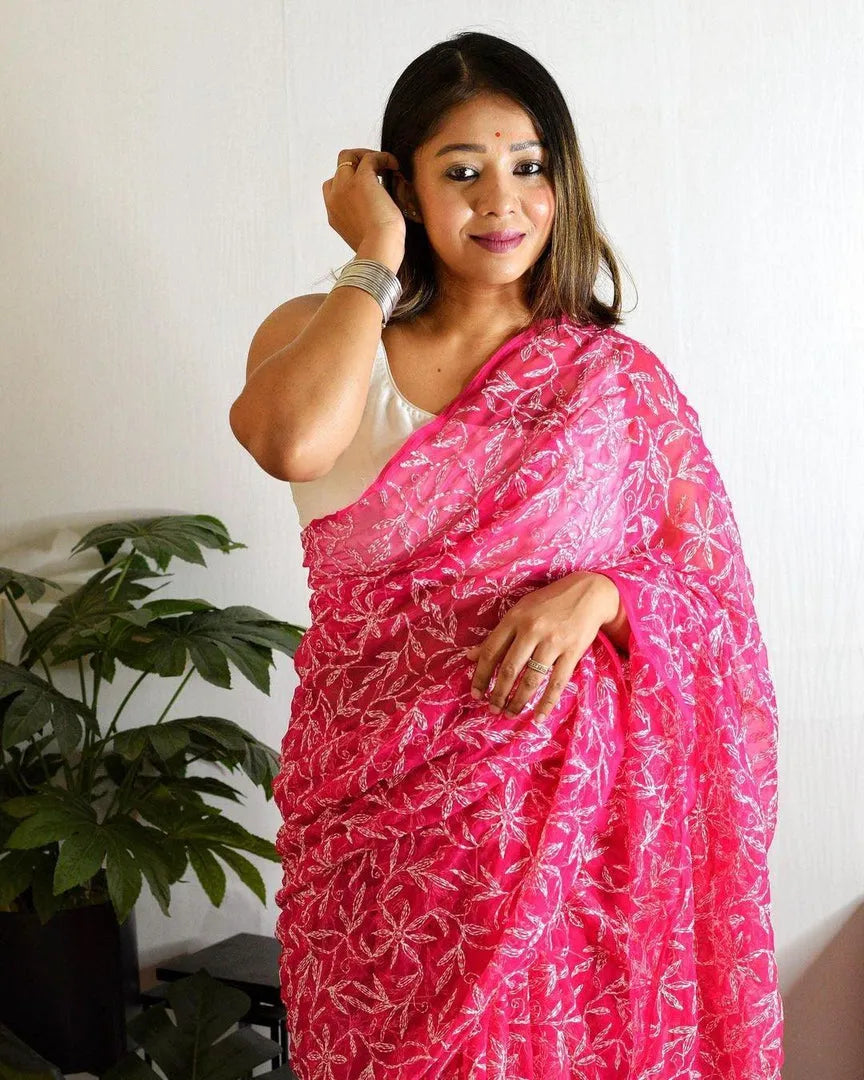 Georgette Chikankari Hand Embroidered Tepchi Saree