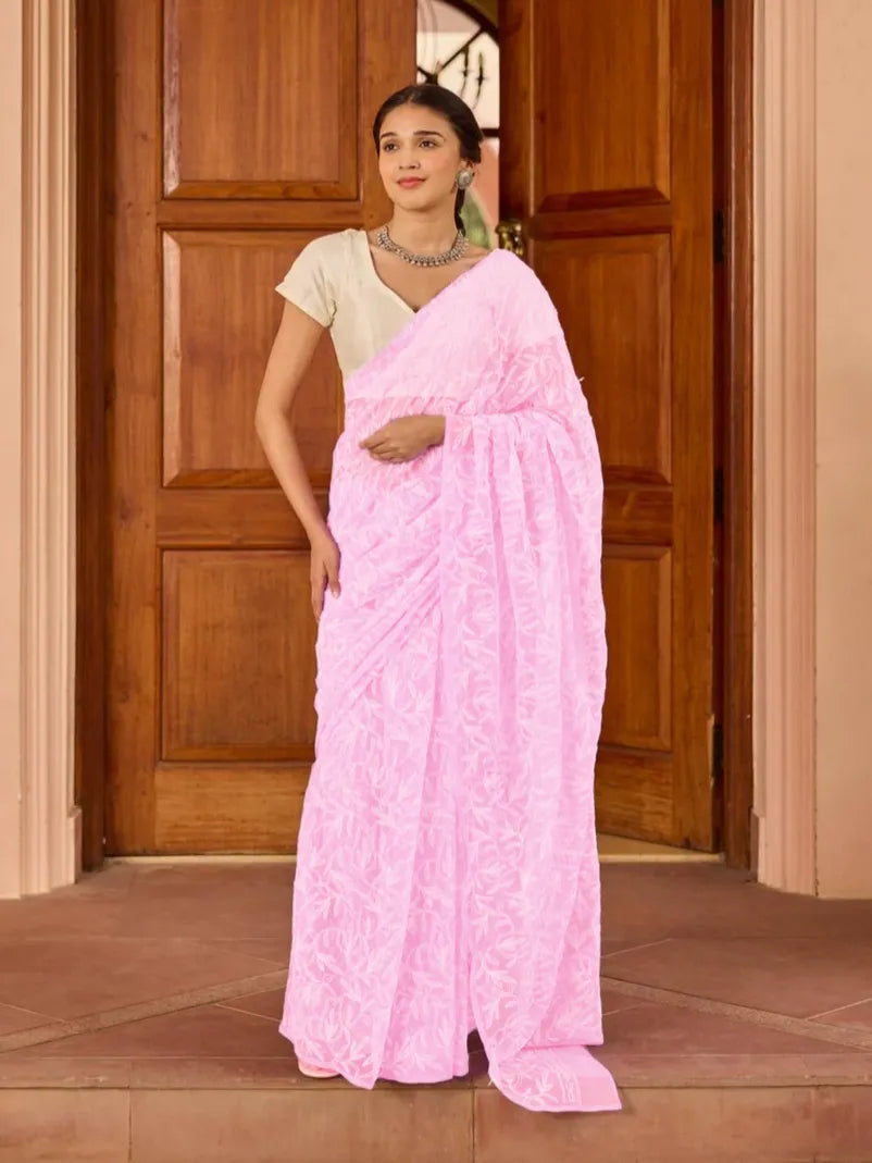 Georgette Chikankari Hand Embroidered Tepchi Saree