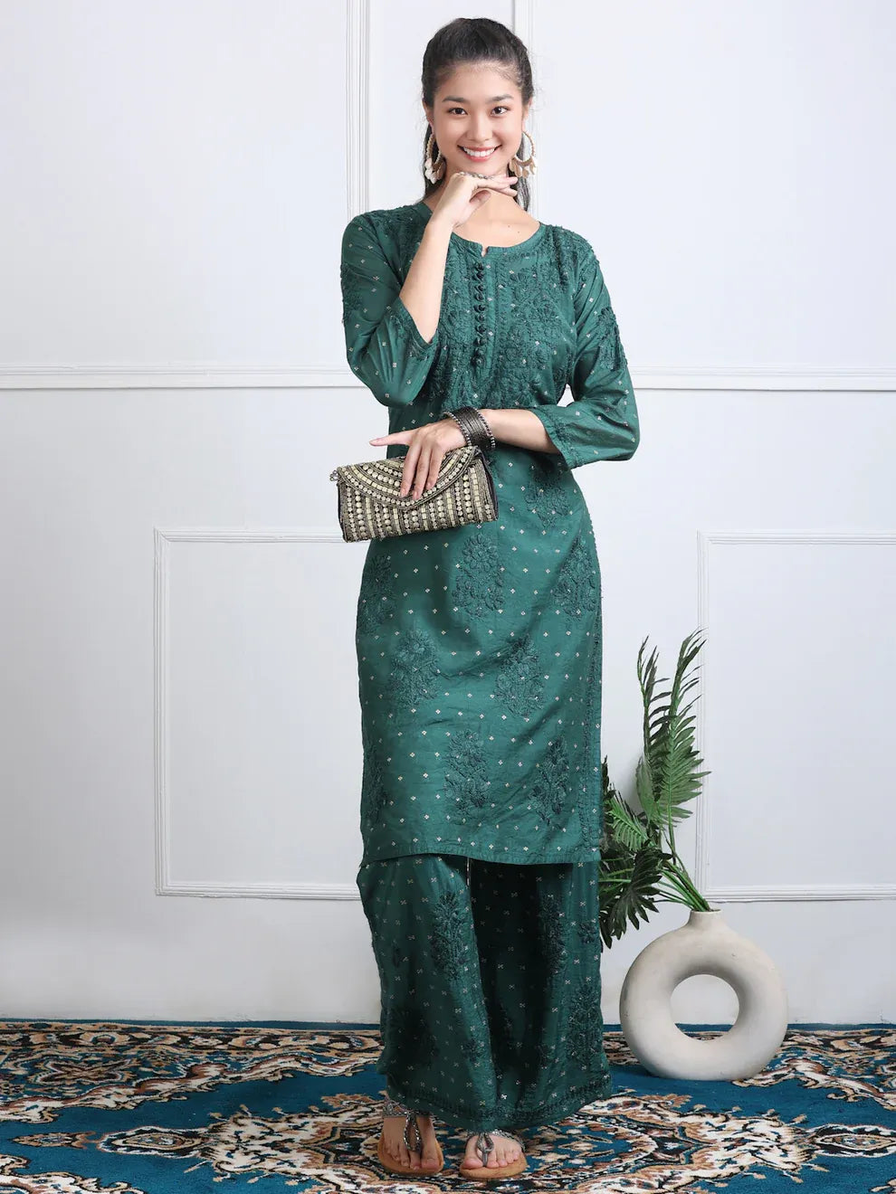 Chanderi Sild Handwork Chikankari Kurta & Plazzo Set