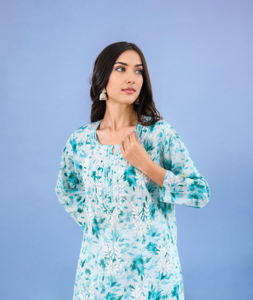 Kavya Printed Mul Cotton Kurti - Store Chikankari
