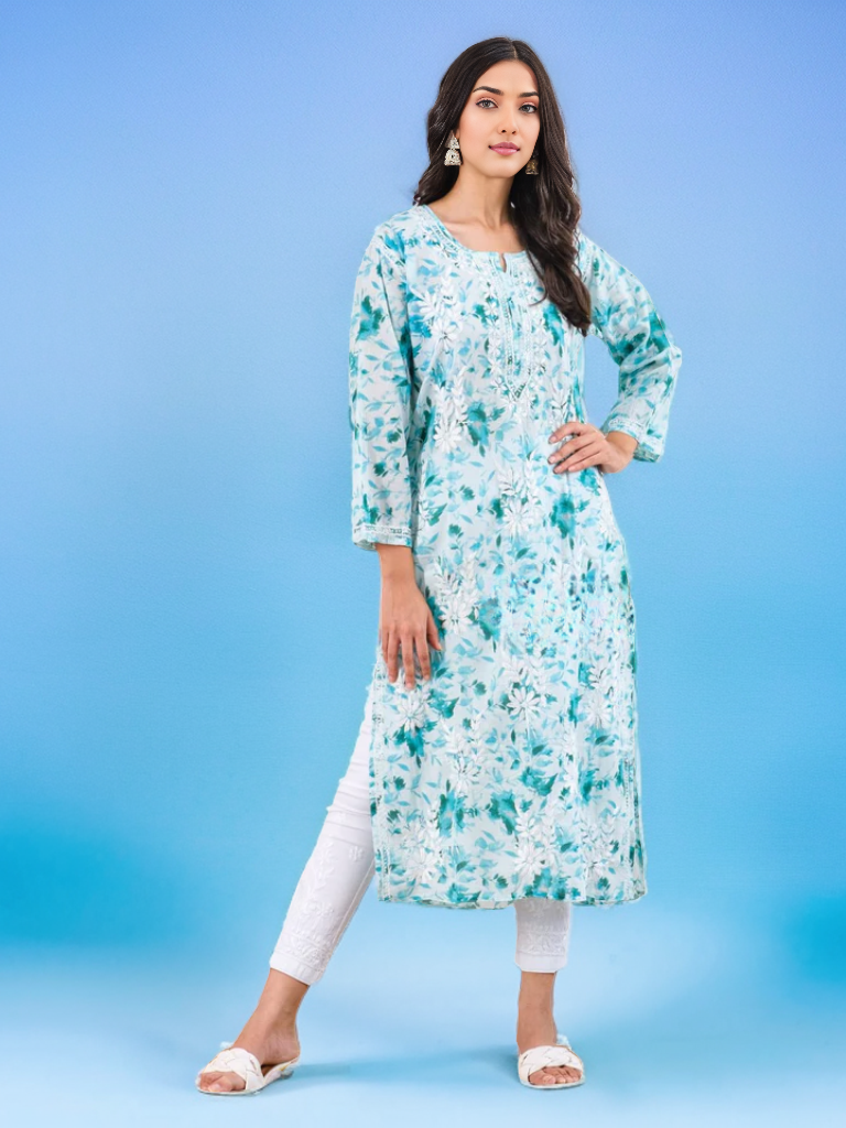 Kavya Printed Mul Cotton Kurti - Store Chikankari