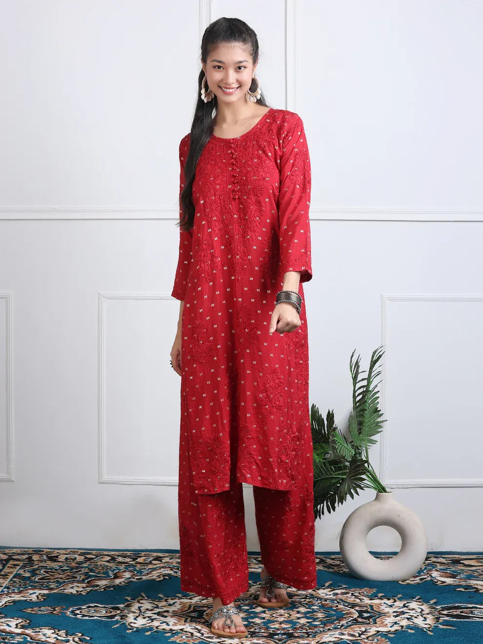 Chanderi Sild Handwork Chikankari Kurta & Plazzo Set