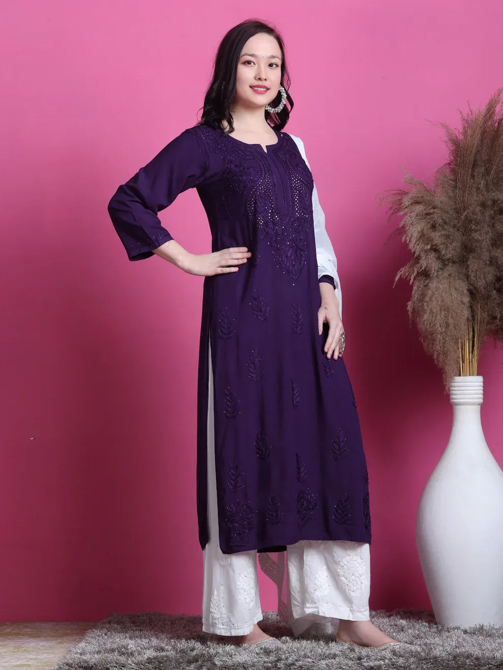 3D Chikankari work Ryon Mukaish Kurti - Store Chikankari