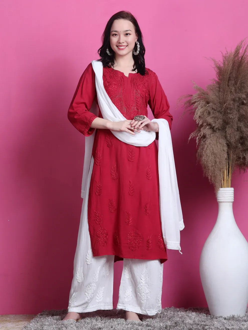 3D Chikankari work Ryon Mukaish Kurti - Store Chikankari