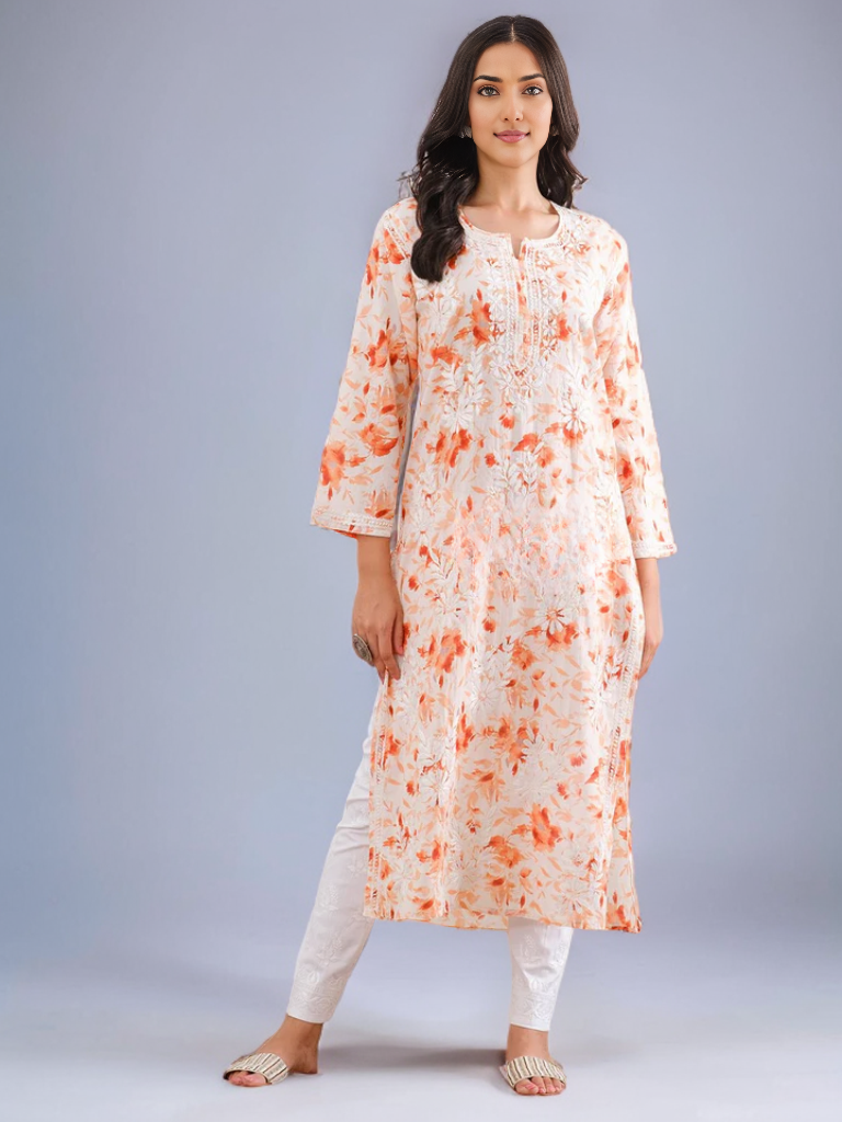 Kavya Printed Mul Cotton Kurti - Store Chikankari