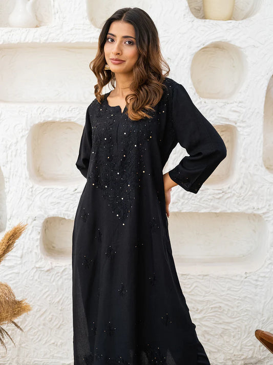Saaz Rayon Chikankari Straight Kurta With Mukaish Work - Store Chikankari