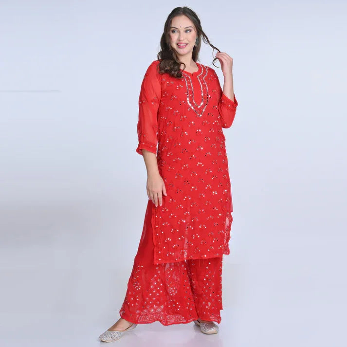 Ayna Georgette Chikankari 3 Piece Mirror Dyed Set with Coordinating Inner - Store Chikankari