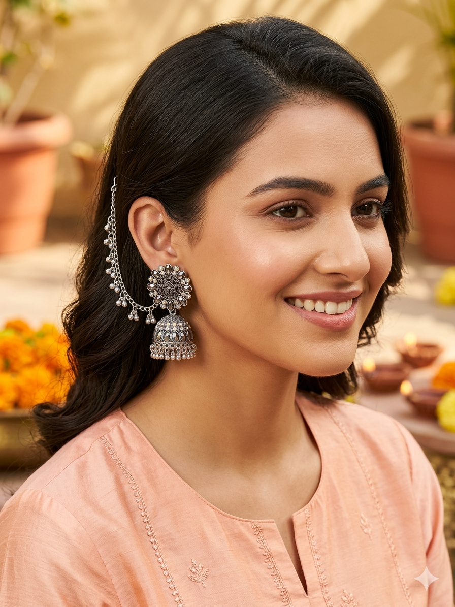 Ethnic Floral Oxidised Jhumka Earrings with Pearl Hangings