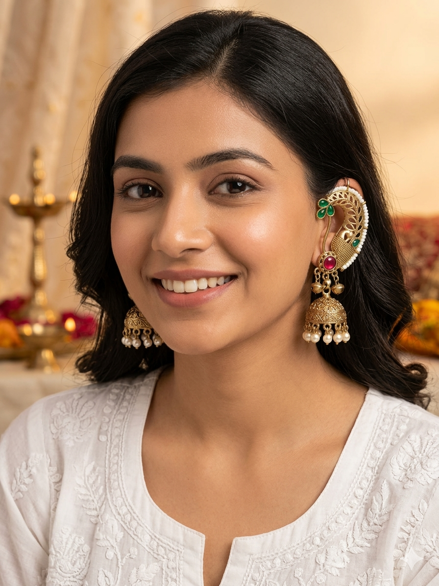 Peacock Pearl Ear Cuff Jhumka