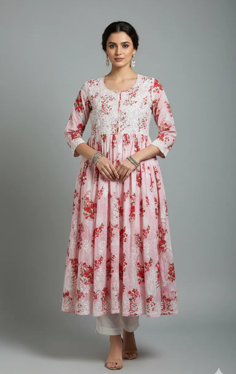 Mulmul Chikankari Printed Long Gown – Hand Embroidered Elegance for Women | Store Chikankari