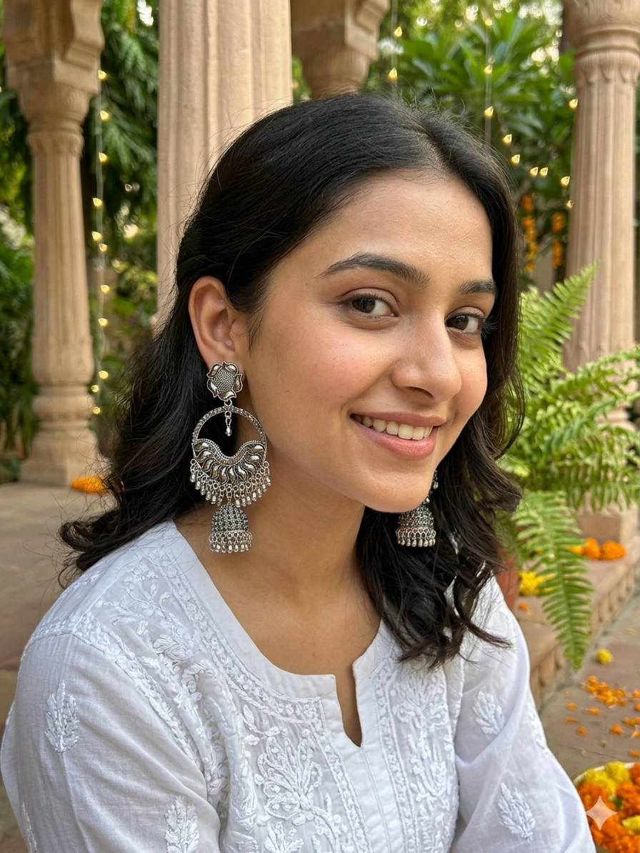 Boho Oxidised Silver Tribal Hoop Earrings with Jhumka Drop