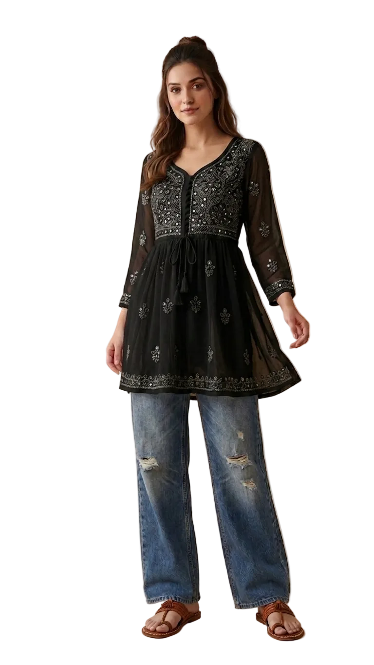 Women’s Chikankari Mirror Work Short Gown | 1 Pc Ombre Dyed Ethnic Dress | Georgette Party Wear Kurti