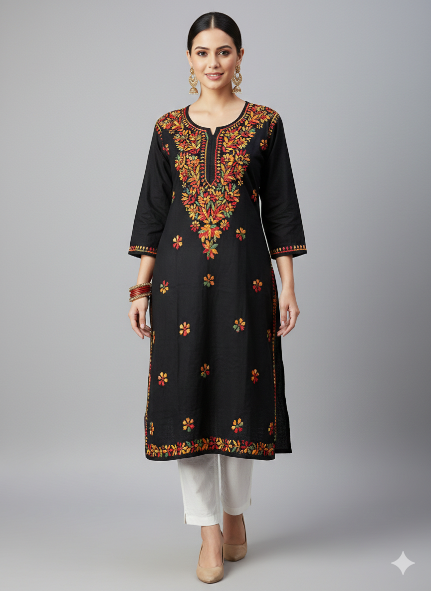 Heer handcrafted cotton multicolured chikankari lucknowi kurti