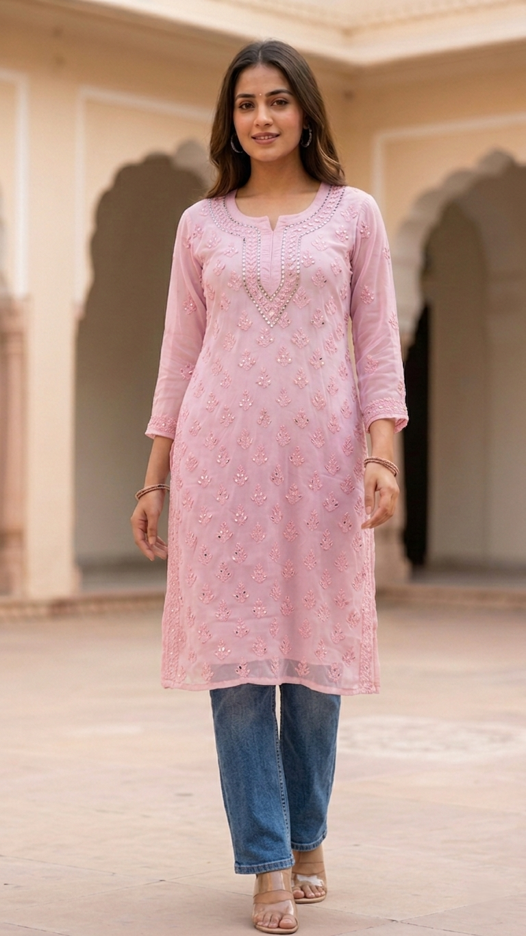 Ayna Buti Jaal Ombre Kurti | Mirror Work Chikankari