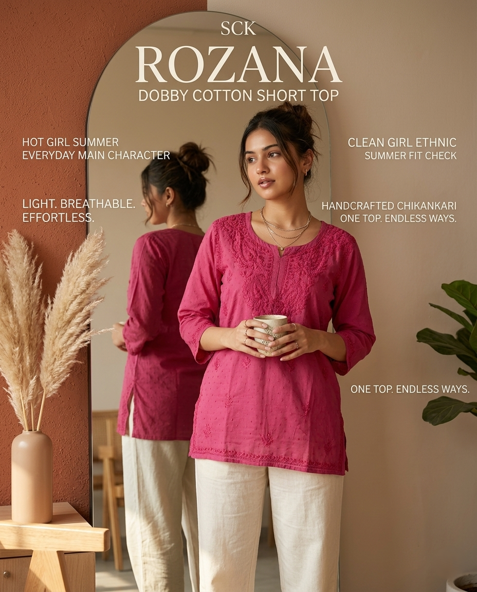 Rozana Dobby Cotton Chikankari Short Top | Hand Embroidered | XS–XXL
