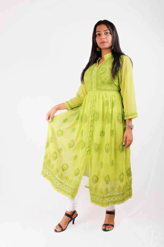 Georgette Chikankari Front Button Gown – Flowy, Elegant & Handcrafted | Store Chikankari