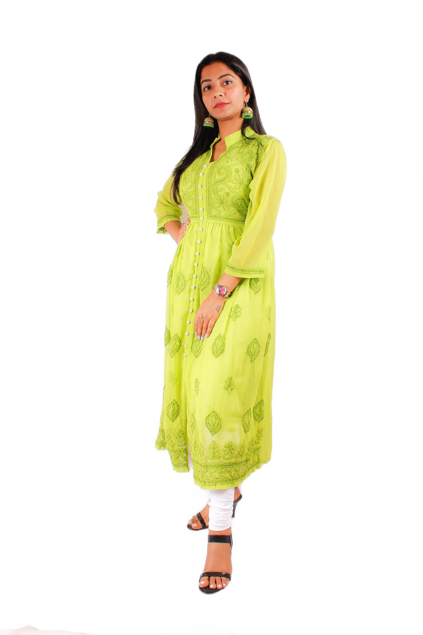 Georgette Chikankari Front Button Gown – Flowy, Elegant & Handcrafted | Store Chikankari - Store Chikankari