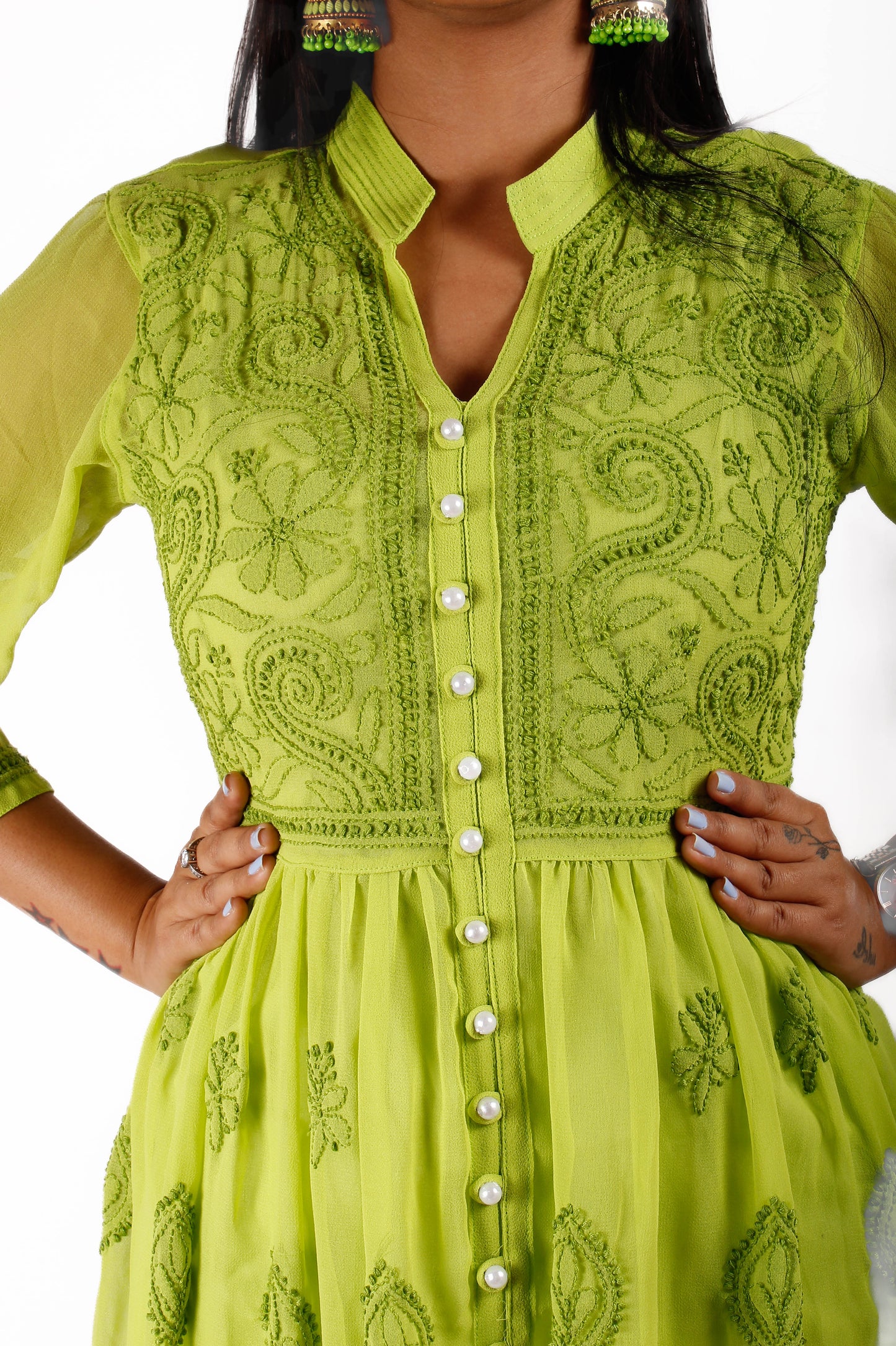 Georgette Chikankari Front Button Gown – Flowy, Elegant & Handcrafted | Store Chikankari - Store Chikankari