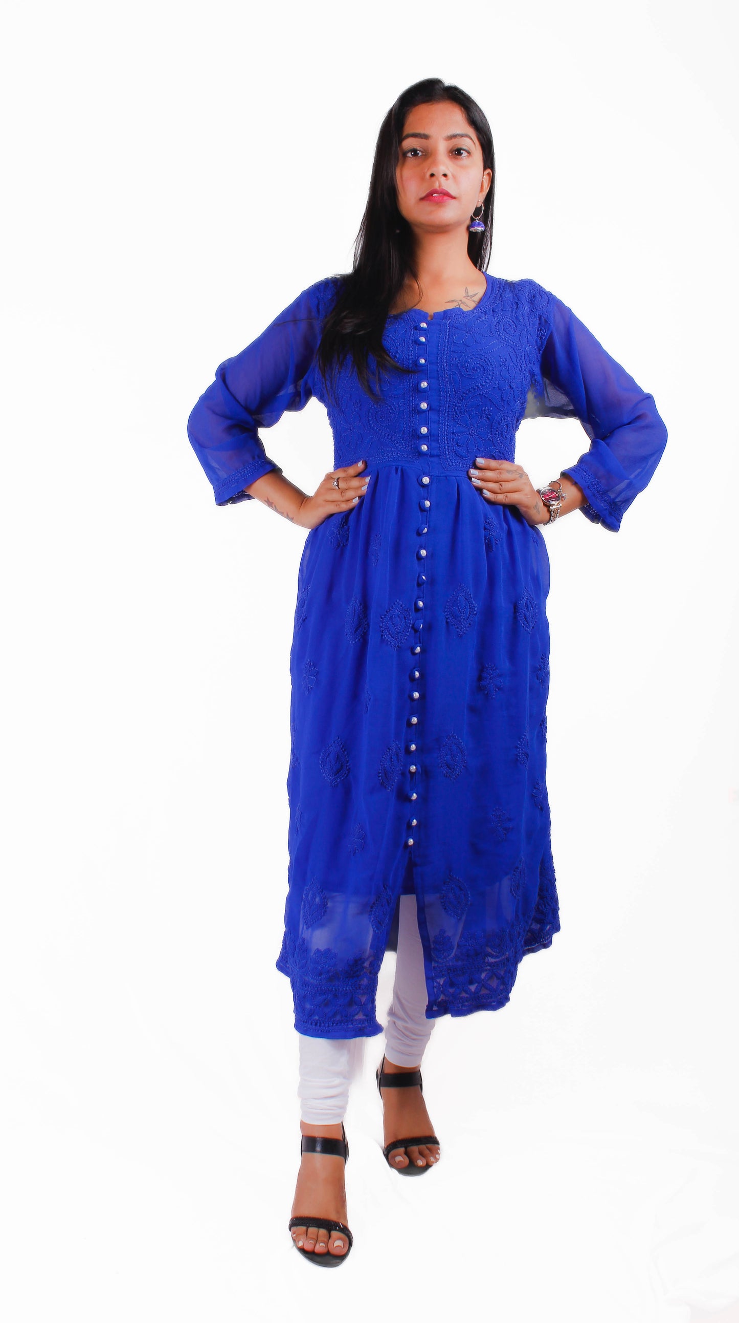 Georgette Chikankari Front Button Gown – Flowy, Elegant & Handcrafted | Store Chikankari - Store Chikankari