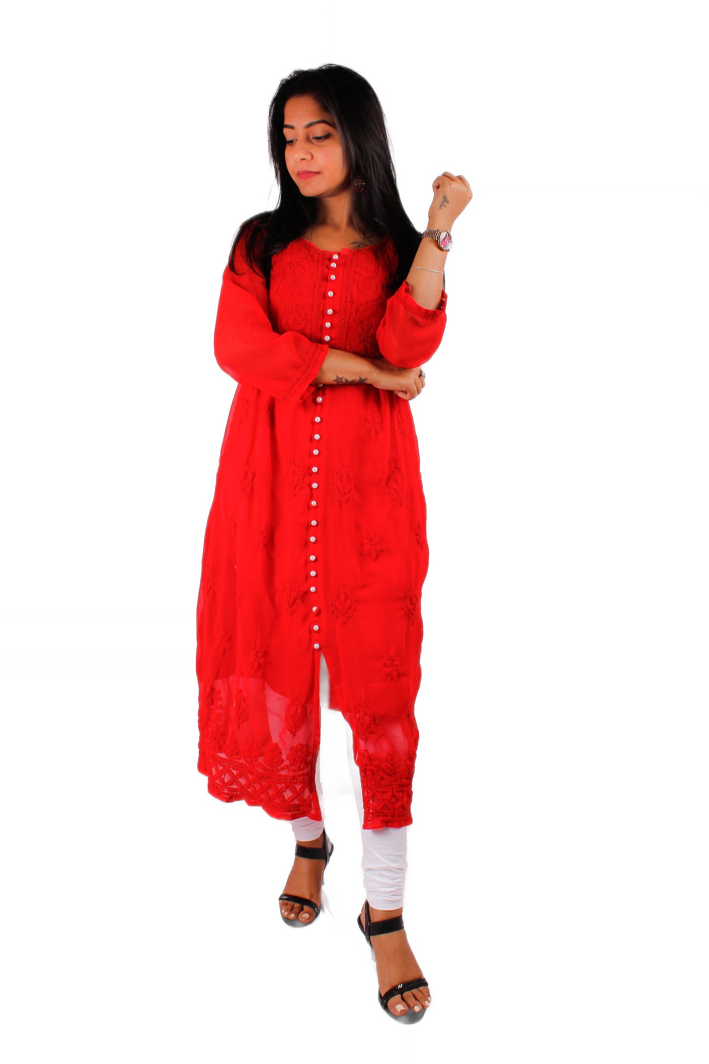 Georgette Chikankari Front Button Gown – Flowy, Elegant & Handcrafted | Store Chikankari - Store Chikankari