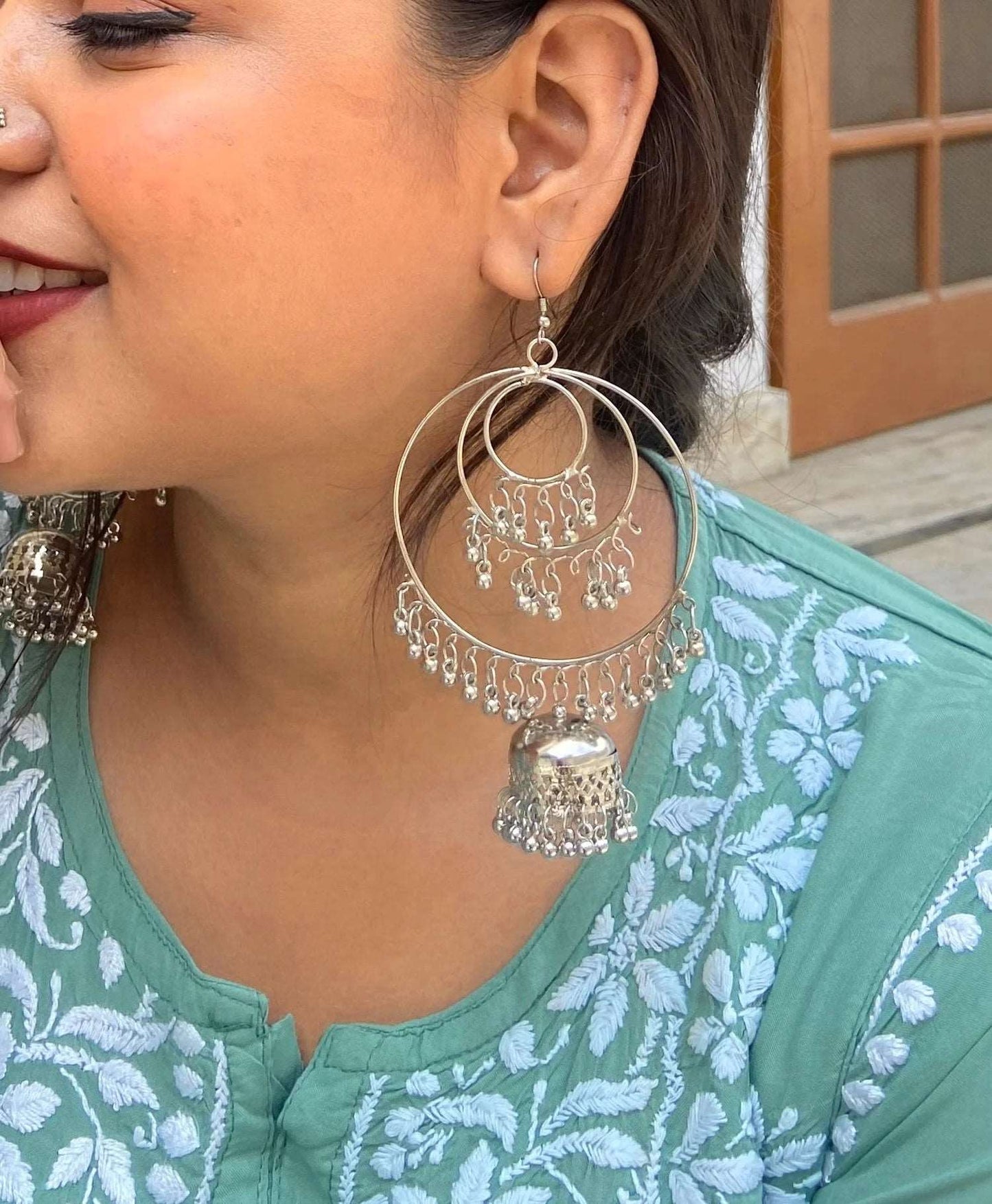 Oxidised Silver Colored Round Hoop Earrings - Store Chikankari
