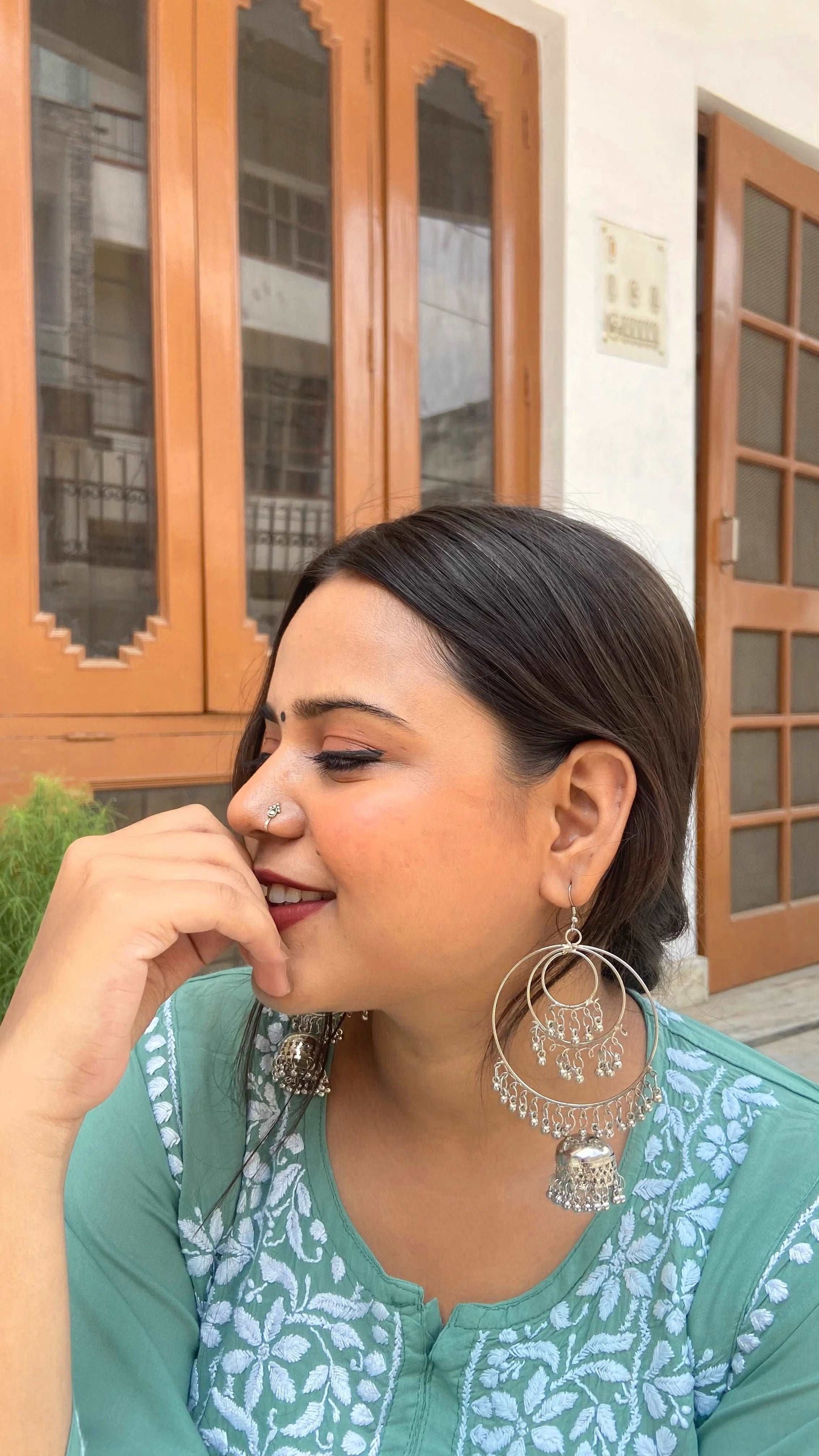 Oxidised Silver Colored Round Hoop Earrings - Store Chikankari