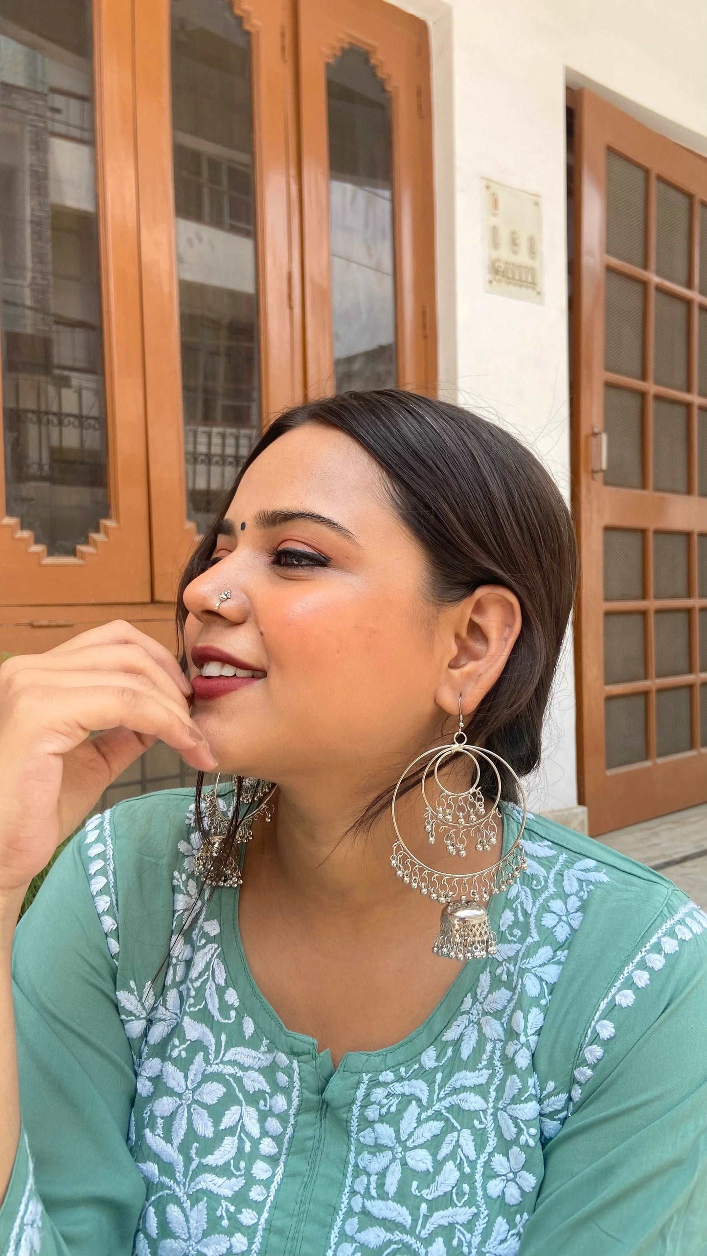 Oxidised Silver Colored Round Hoop Earrings - Store Chikankari