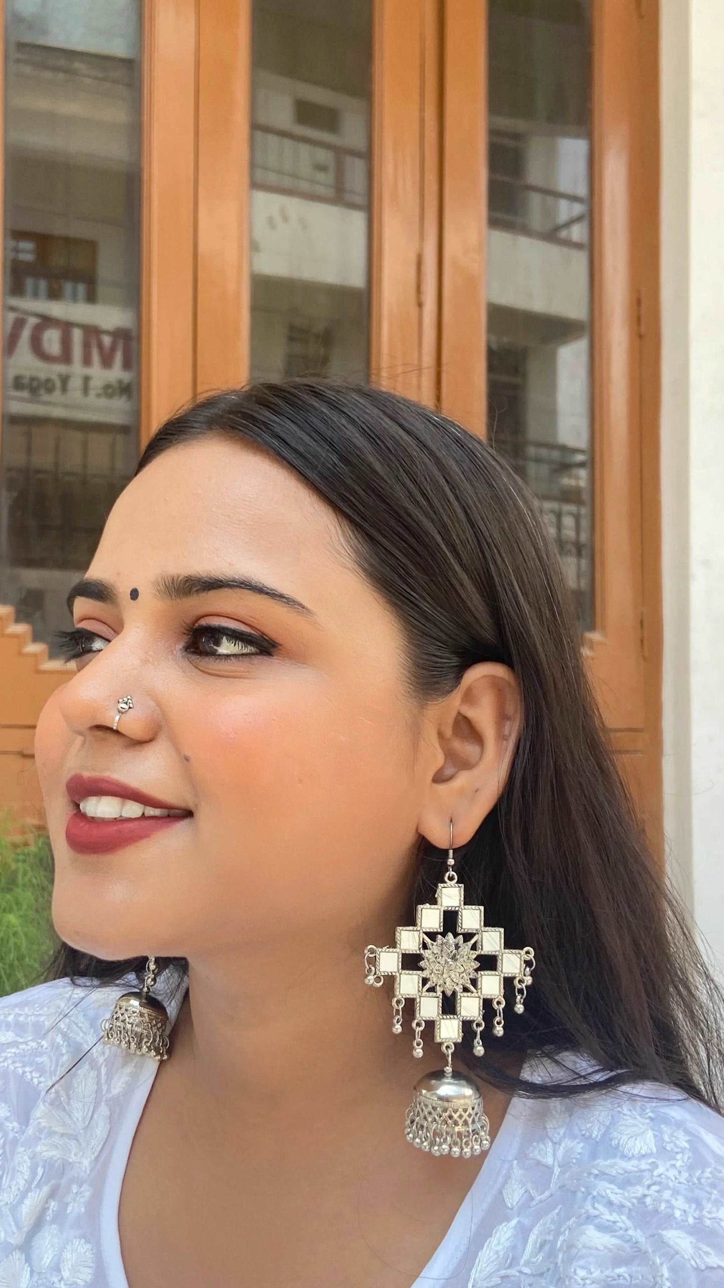 Oxidized Silver Mirror Jhumki Earrings Made Of Alloy Metal - Store Chikankari