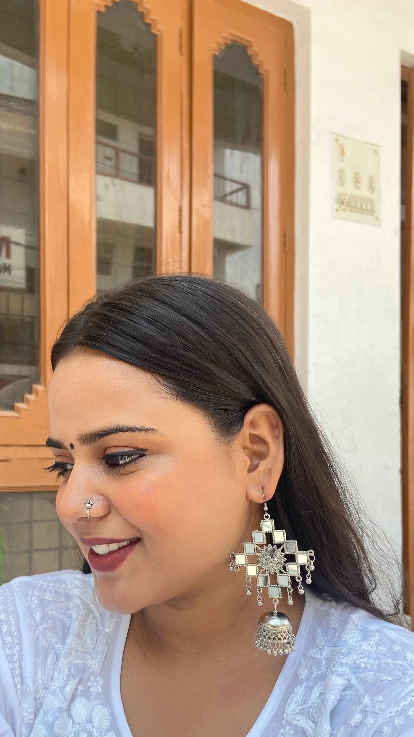 Oxidized Silver Mirror Jhumki Earrings Made Of Alloy Metal