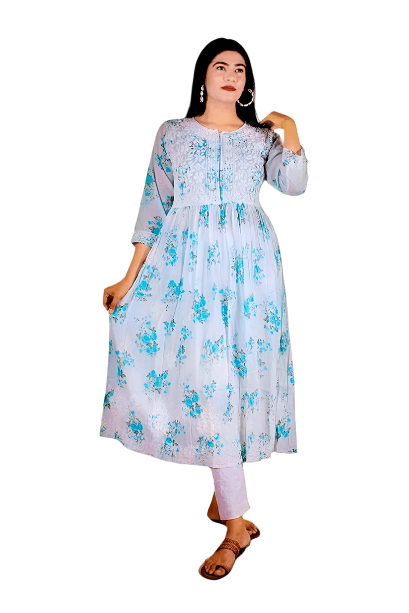 Mulmul Chikankari Printed Long Gown – Hand Embroidered Elegance for Women | Store Chikankari