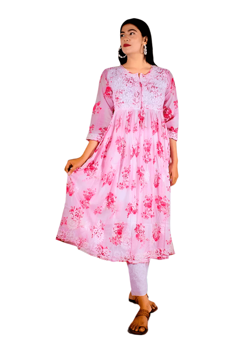 Mulmul Chikankari Printed Long Gown – Hand Embroidered Elegance for Women | Store Chikankari