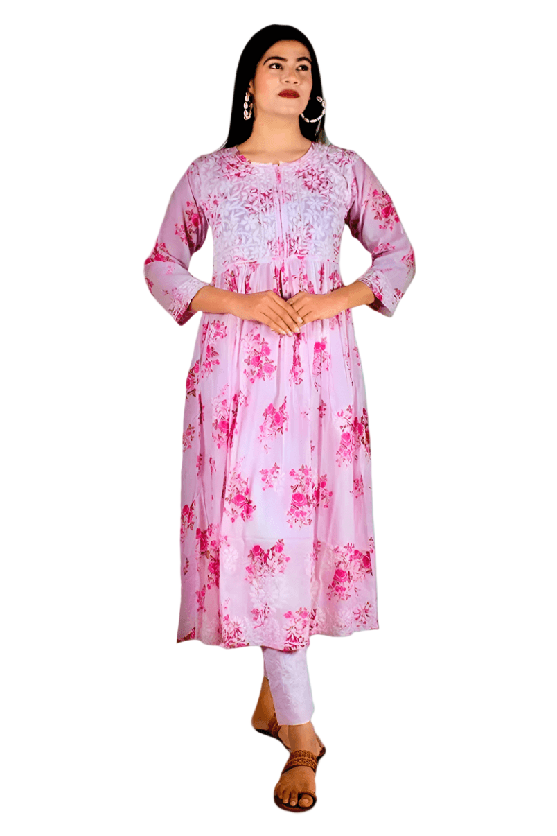 Mulmul Chikankari Printed Long Gown – Hand Embroidered Elegance for Women | Store Chikankari