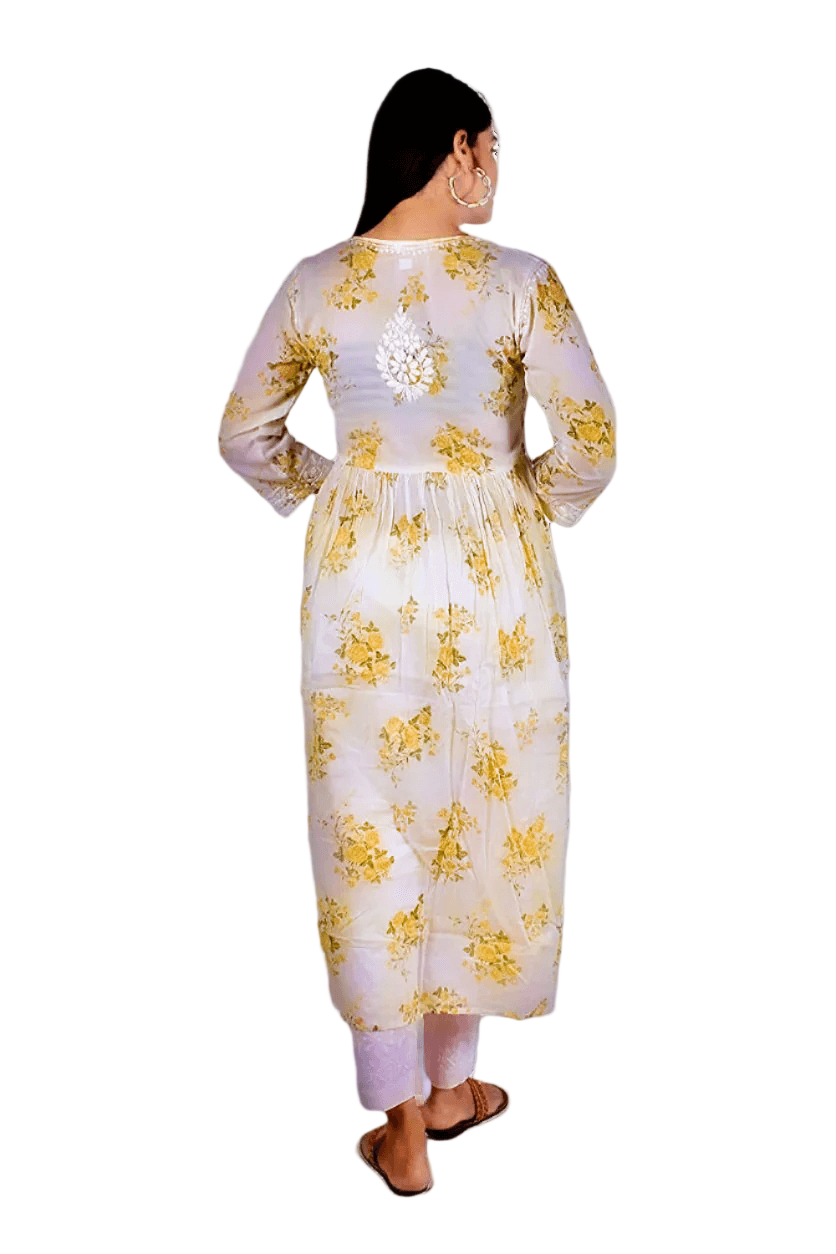 Mulmul Chikankari Printed Long Gown – Hand Embroidered Elegance for Women | Store Chikankari