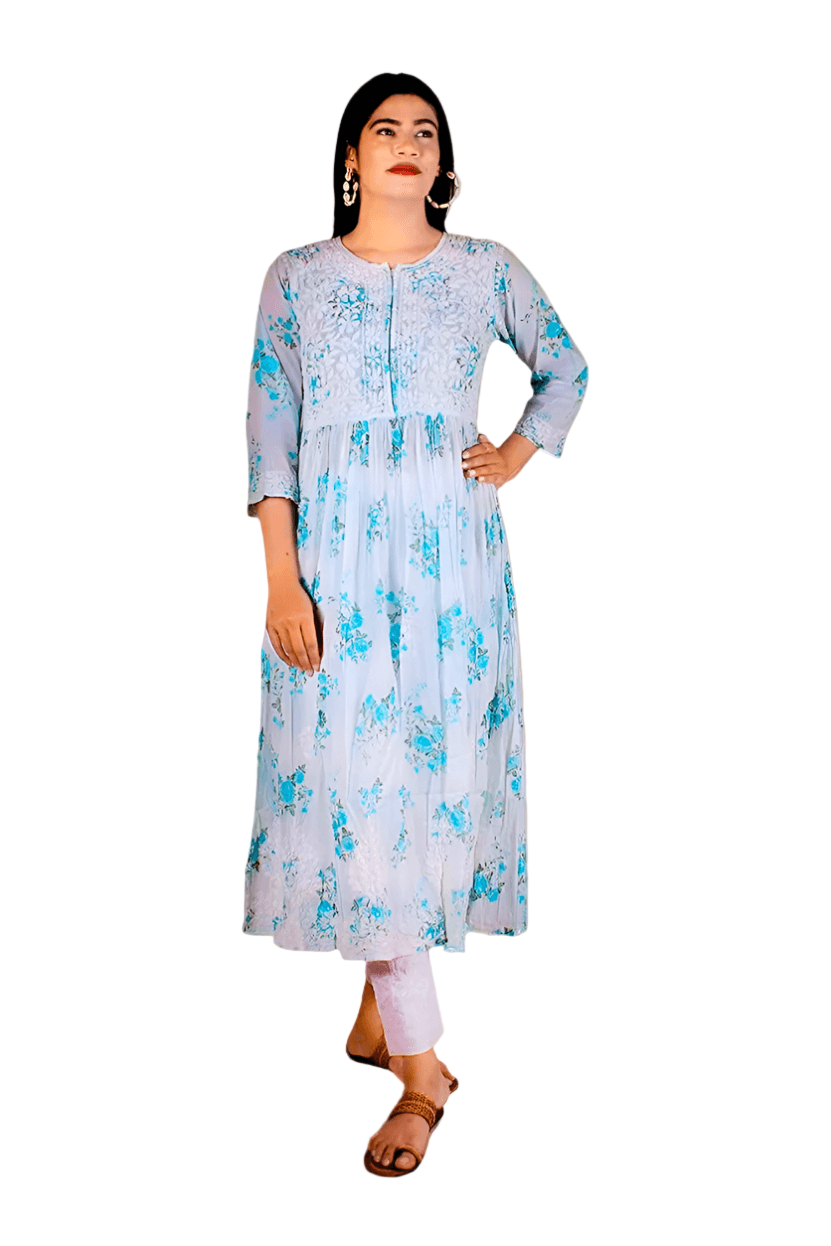 Mulmul Chikankari Printed Long Gown – Hand Embroidered Elegance for Women | Store Chikankari